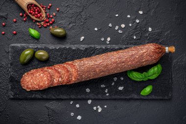 Salami. Dried organic salami sausage or spanish chorizo. Italian salami.