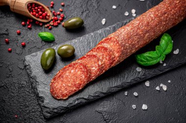 Salami. Dried organic salami sausage or spanish chorizo. Italian salami.