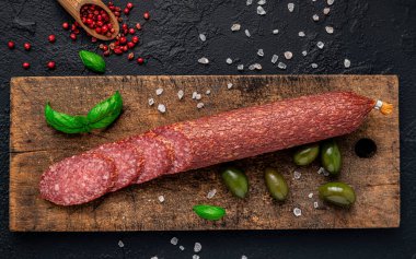 Salami. Dried organic salami sausage or spanish chorizo. Italian salami.