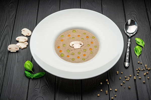 Sopa Creme Cogumelos Sopa Numa Tigela Vista Superior Espaço Livre — Fotografia de Stock