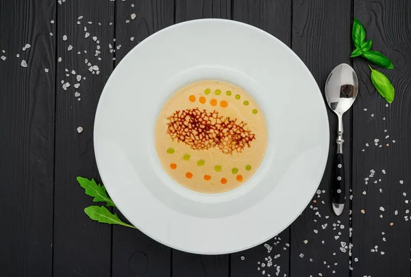 Sopa Creme Queijo Fundo Escuro Conceito Alimentação Saudável — Fotografia de Stock