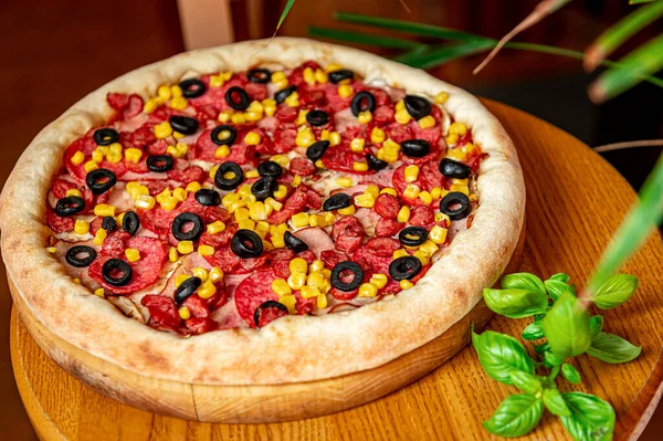 Pizza Saborosa Grande Com Diferentes Tipos Carne Pizza Com Salsicha — Fotografia de Stock