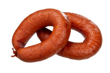 Smoked beef sausage isolated on a white background. Smoked Krakow sausage