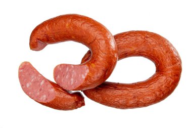 Smoked beef sausage isolated on a white background. Smoked Krakow sausage