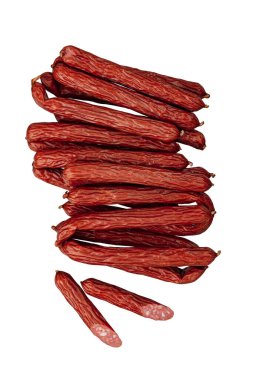 Smoked sausage on a white background. Pork sausages