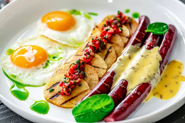 Breakfast Sausages Eggs Potatoes Vegetable Salsa Golan Sauce Healthy Tasty — Stock Photo, Image