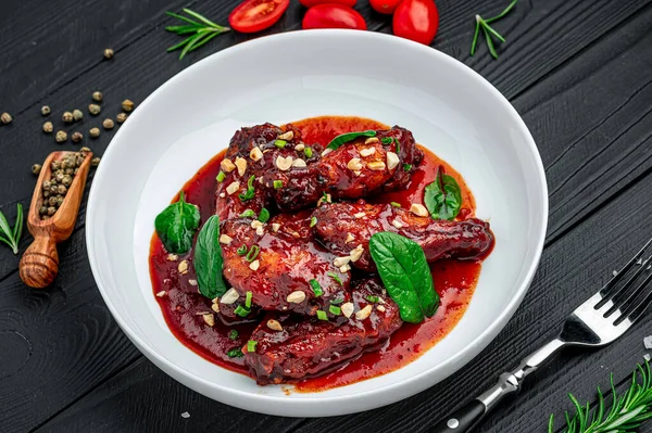 Grillezett Csirkeszárny Grillszósszal Mogyoróval Egészséges Ízletes Élelmiszer Koncepció — Stock Fotó