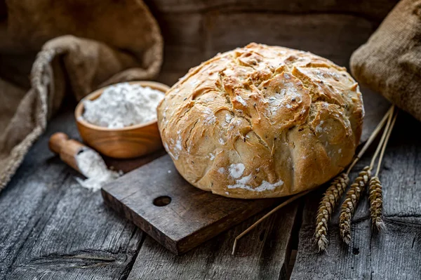 Fresh Homemade Bread Wooden Table Healthly Food Baking Bread Bakery — Fotografia de Stock