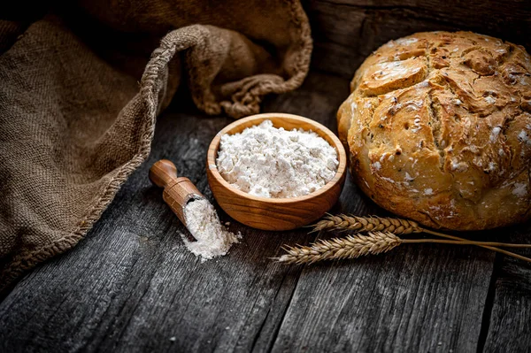 Wheat Flour Old Wooden Table Homemade Bread — Stock Fotó