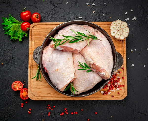 Raw Chicken Thigh Black Background Healthy Food Concept Stockfoto