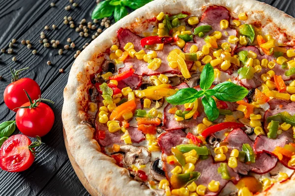 Smaczna Duża Pizza Różnymi Rodzajami Mięsa Pizza Różnymi Składnikami Słodka — Zdjęcie stockowe