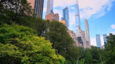 New York, ABD, 8 Temmuz 2025: Central Park üzerindeki gökdelenler. Central Park 'taki yemyeşil ağaçların tepesindeki yüksek binalar New York' taki doğa ve şehir yaşamının karışımını gözler önüne seriyor..