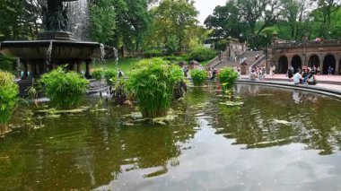 New York, ABD, 8 Temmuz 2025: New York, ABD 'deki ünlü Bethesda Fountain. Çok sayıda insan güzel metropolde yürüyor..