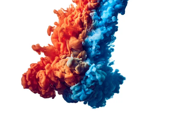 Color drop of blue and orange paint underwater abstract background