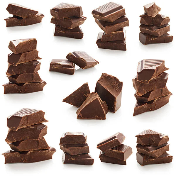 Barra Chocolate Quebrado Conjunto Isolado Fundo Branco — Fotografia de Stock