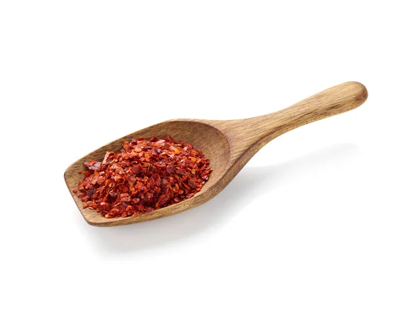 Crushed Red Pepper Wooden Spoon Isolated White Background — Stock Photo, Image