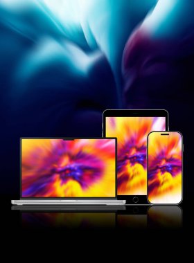tablet bilgisayar, cep telefonu ve dizüstü bilgisayar soğuk mavi arkaplan üzerine patlama duvar kağıdı
