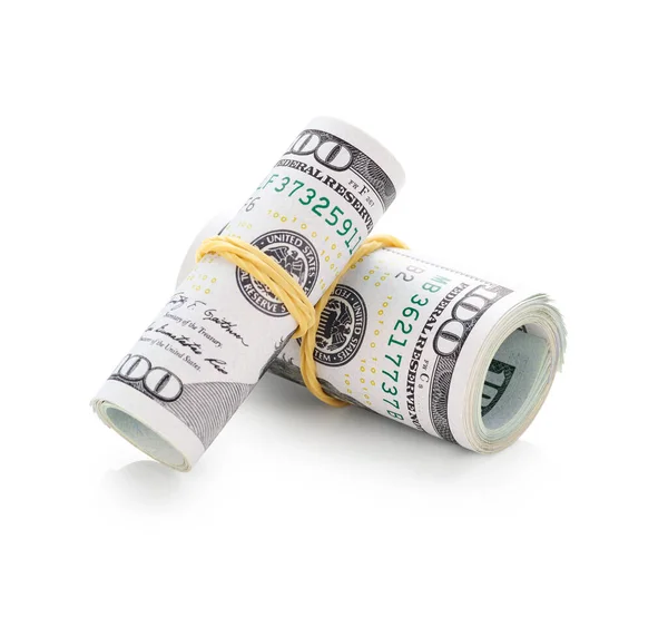 Cem Dólares Notas Rolos Dinheiro Isolado Fundo Branco — Fotografia de Stock