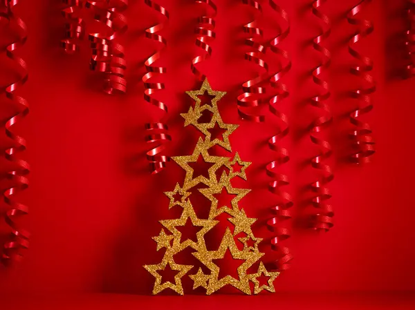 Arbre Noël Paillettes Dorées Sur Fond Rouge — Photo