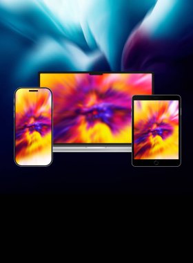 tablet bilgisayar, cep telefonu ve dizüstü bilgisayar soğuk mavi arkaplan üzerine patlama duvar kağıdı