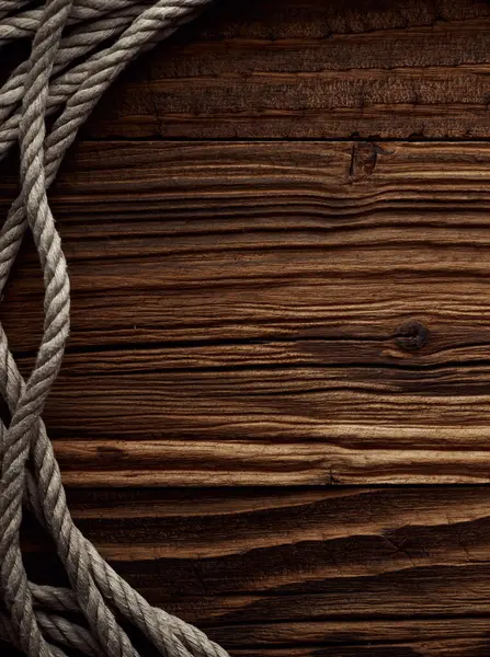 Dark Vintage Marine Background Old Hemp Rope Wooden Planks — Stock Photo, Image