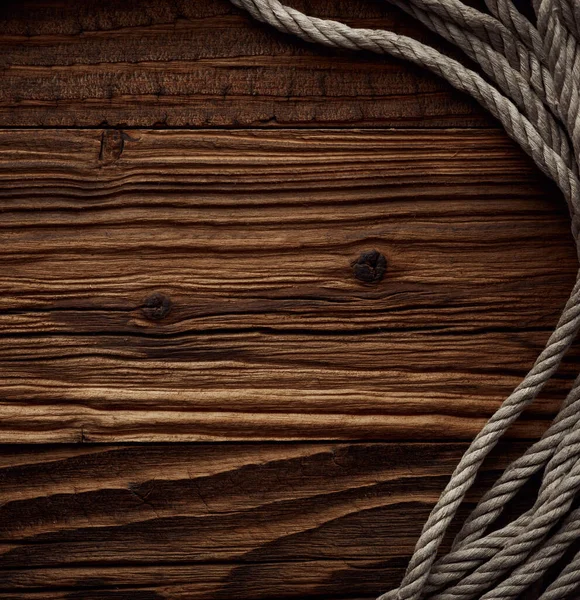 Dark Vintage Marine Background Old Hemp Rope Wooden Planks — Stock Photo, Image