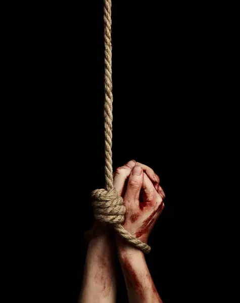 Woman Hands Bloody Stains Tied Rope Black Background — Stock Photo, Image
