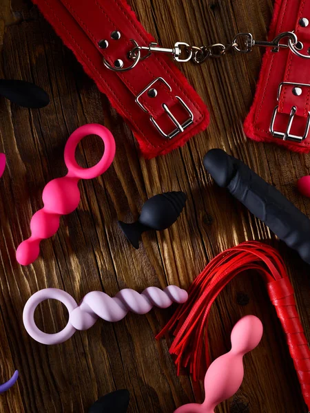 Sex Toys Including Cuffs Whip Anal Plugs Dildo Aged Wooden — Foto de Stock