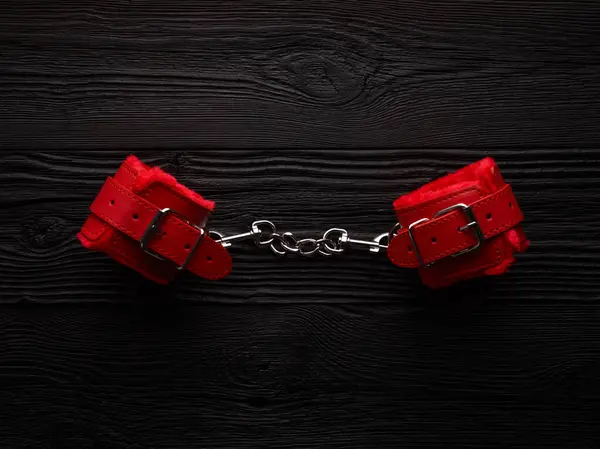 Bdsm Background Bright Red Fluffy Handcuffs Rope Tying — Stock Photo, Image