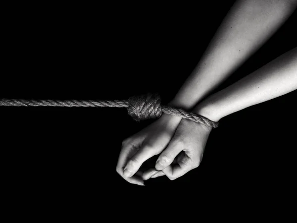 Woman Hands Tied Rope Black Background — Stock Photo, Image