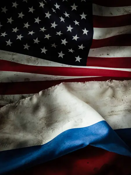 United States of America and Russia flags background. Concept of conflict of two states