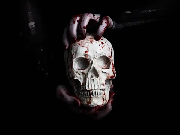 Bloody Hands Holding Human Skull Black Background — Stock Photo, Image