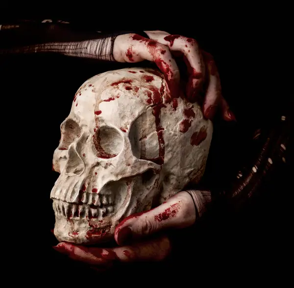 Bloody Hands Holding Human Skull Black Background — Stock Photo, Image