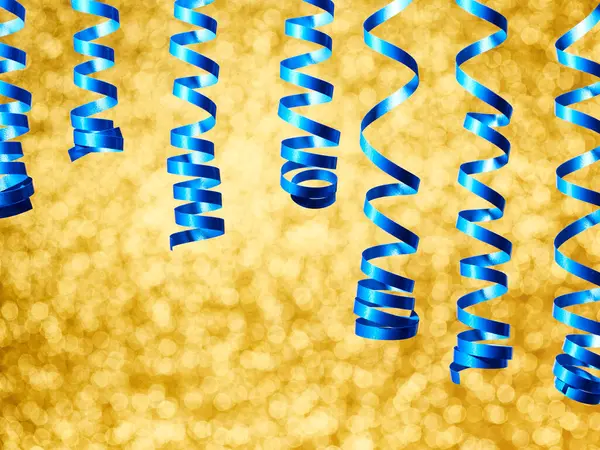 Sparkling Holiday Golden Background Blue Ribbon — Stock Photo, Image