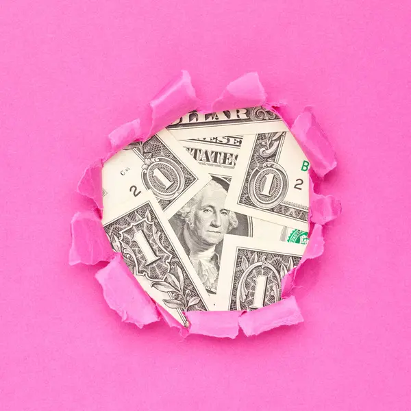 Notas Dólares Americanos Buraco Papel Rosa Rasgado Conceito Empresa Feminina Imagem De Stock