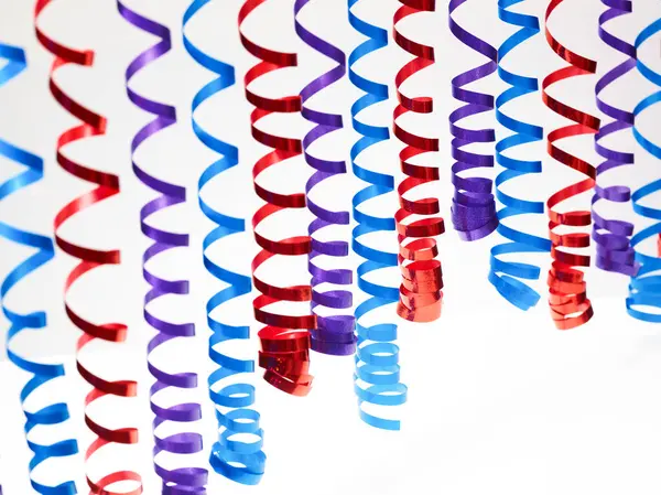 Decorative Blue Red Purple Streamer Ribbons Grey Background — Stock Photo, Image
