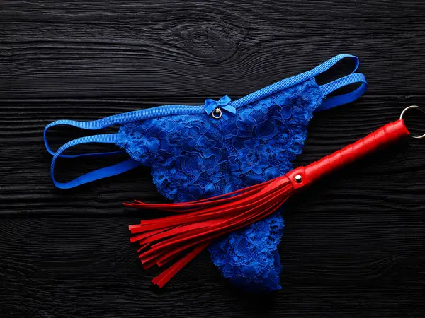 Bright Blue Panty Different Sex Toys Black Wooden Background Stock Photo