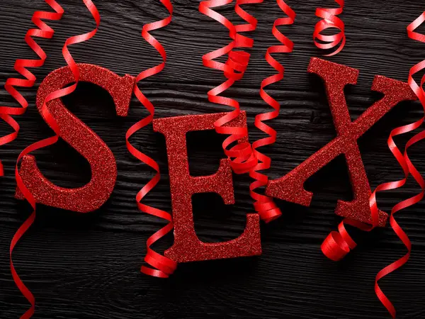 Sexo Palabra Con Cinta Roja Aislada Sobre Fondo Blanco Imagen de stock