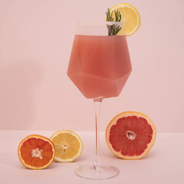 Elegant Trendy Stylish Cocktail Stemmed Glass Citrus Fruit Rosemary Pink — Stock Photo, Image