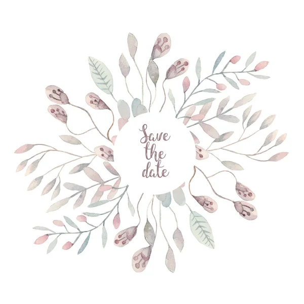 Kártya Használatra Kész Herbal Watercolor Meghívó Design Levelek Virág Akvarell — Stock Fotó