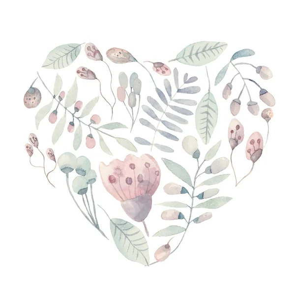 Βοτανικός Σχεδιασμός Καρδιάς Υδατογραφίας Φύλλα Άνθη Φύλλα Κλαδιά Και Ακουαρέλες — Φωτογραφία Αρχείου