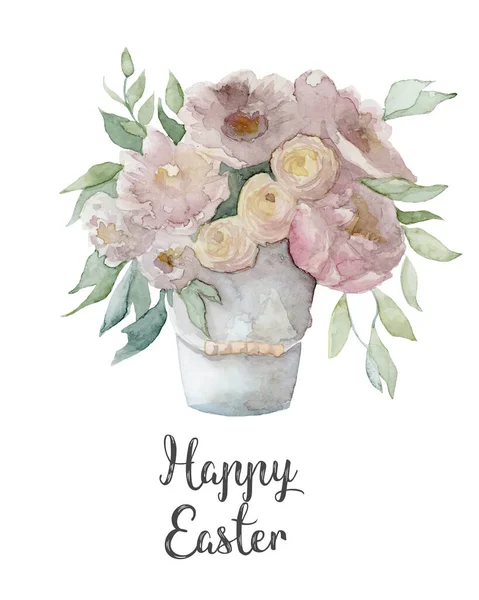 Květiny Váze Jarní Velikonoční Akvarel Ilustrace Bílém — Stock fotografie