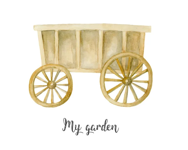 Dřevěný Vozík Zahradnické Nástroje Ilustrace Akvarel Bílém — Stock fotografie
