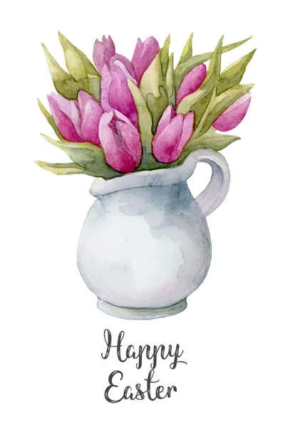 Tulips Vase Spring Watercolor Easter Illustration White — Stock Photo, Image
