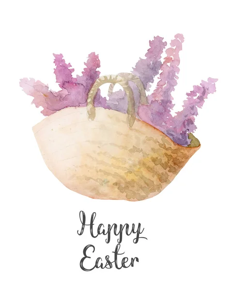 Wicker Basket Flowers Spring Easter Illustration Watercolor White — Stock Photo, Image