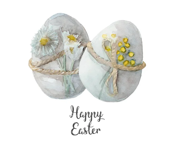Glückliche Ostereier Mit Blumen Verziert Aquarell Illustration Auf Weiß — Stockfoto