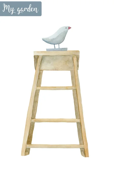 Gartengeräte Leiter Mit Vogeldekoration Illustration Aquarell Auf Weiß — Stockfoto