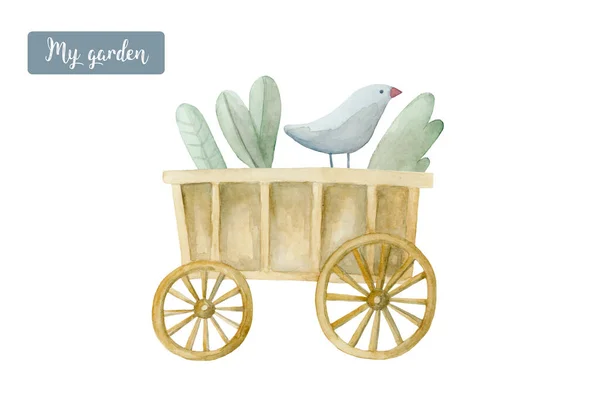 Wooden Cart Greens Handpainted Farmers Decor Watercolor Illustration White — Stock Photo, Image