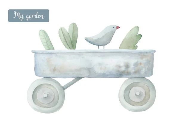 Wooden Cart Greens Handpainted Farmers Decor Watercolor Illustration White — Stock Photo, Image