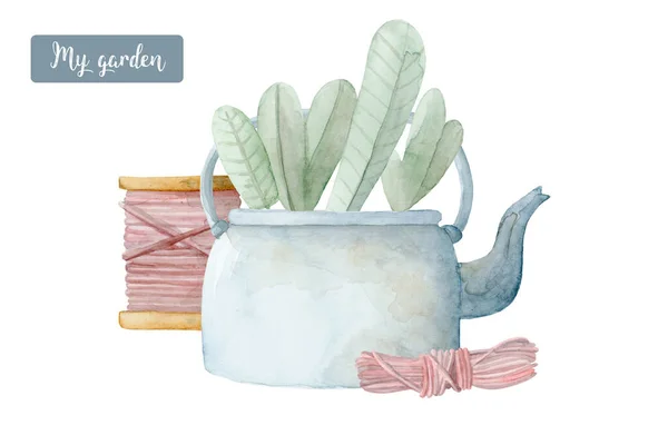Gardening Tools Rope Teapot Greens Composition Handpainted Farmers Decor Watercolor — Stock Photo, Image